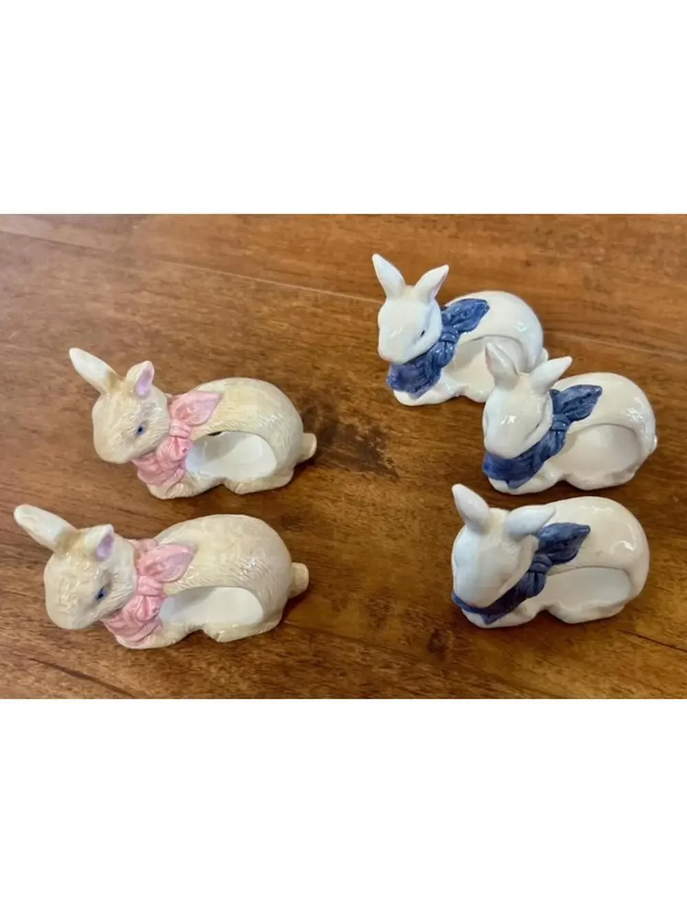 Set of 5 Vintage Ceramic Bunny Napkin Rings with Pink and Blue Bows